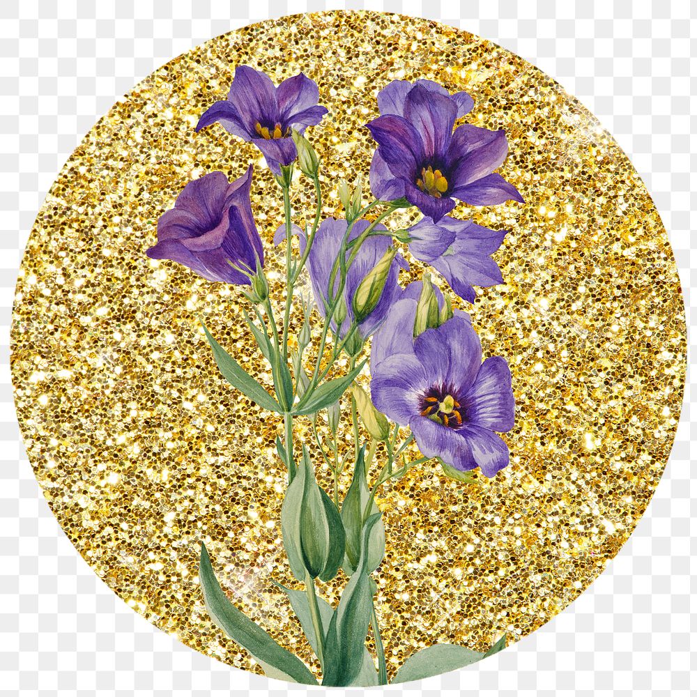 Png Texas bluebell flower badge sticker, gold glitter circle shape, transparent background