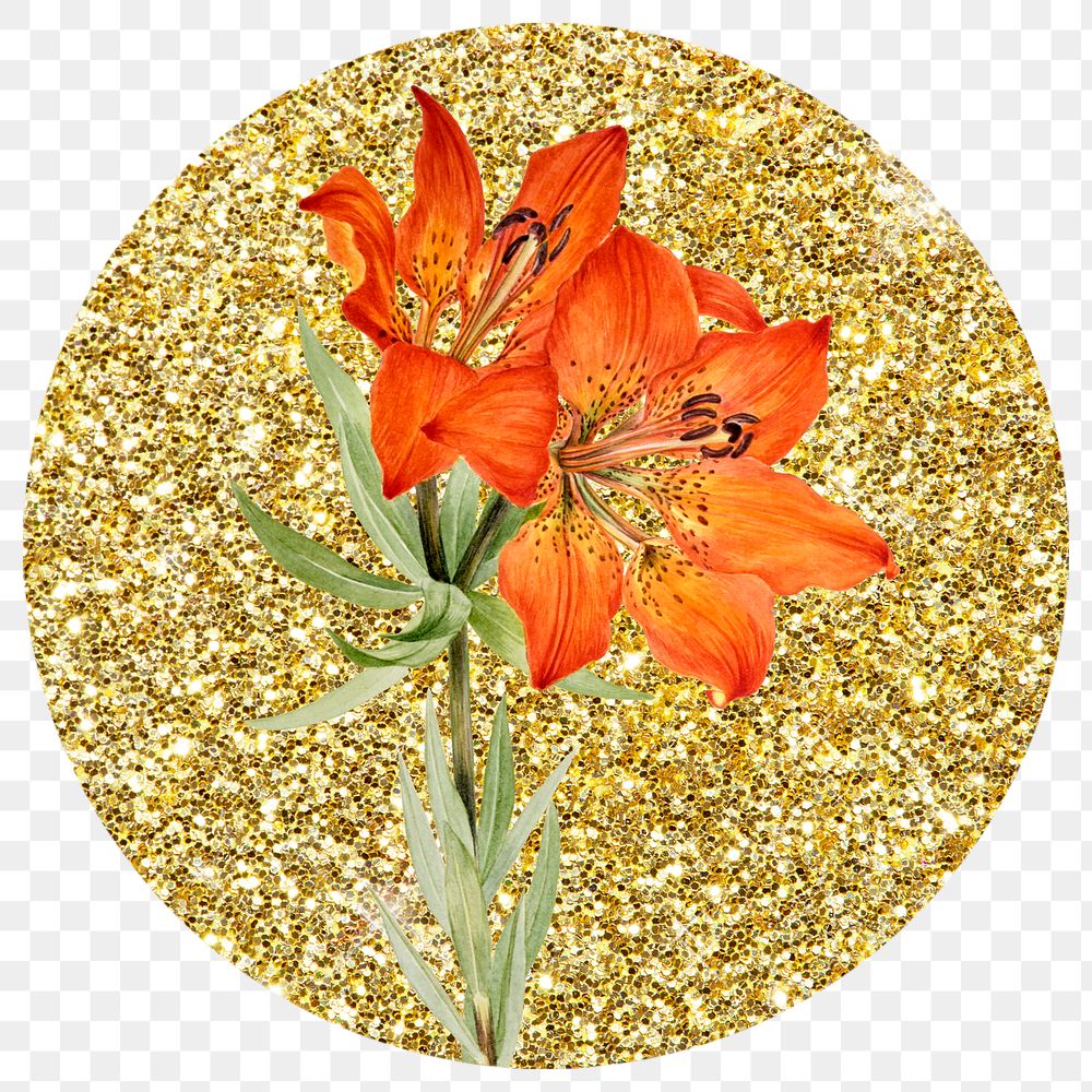Red lily png badge sticker, gold glitter circle shape, transparent background