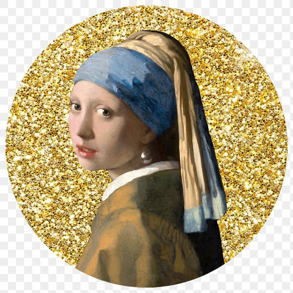 Png Girl with a Pearl Earring badge sticker, Johannes Vermeer's famous artwork, gold glitter circle shape, transparent…