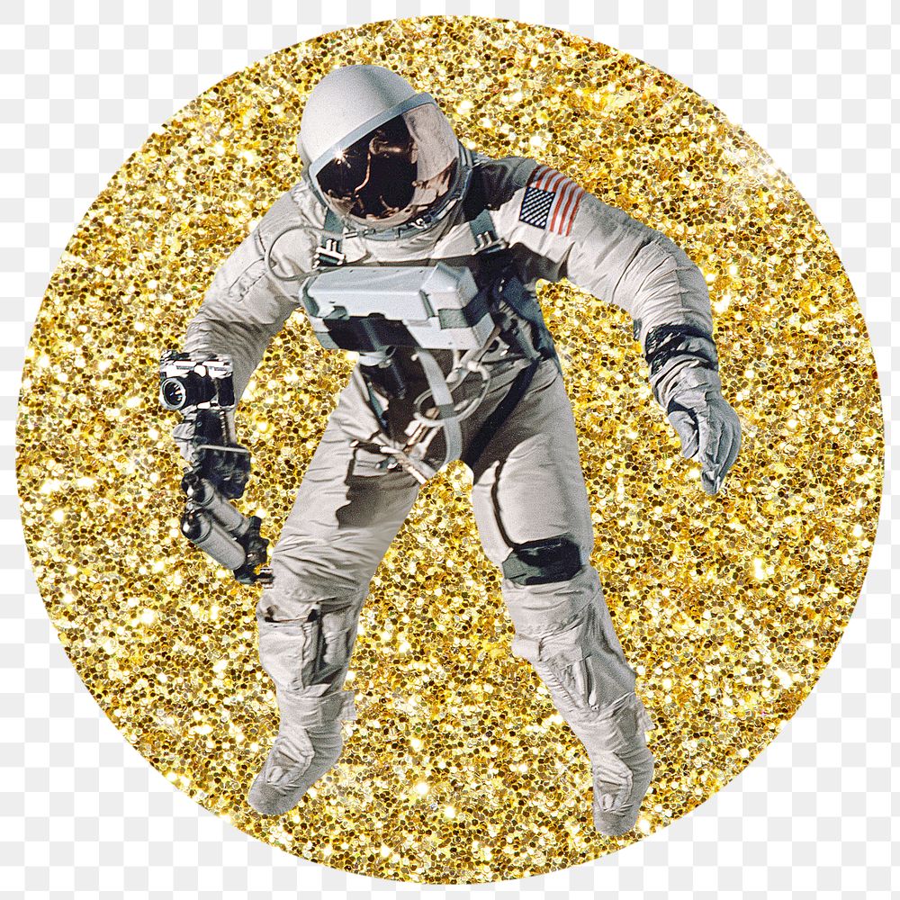 Astronaut png badge sticker, gold glitter circle shape, transparent background