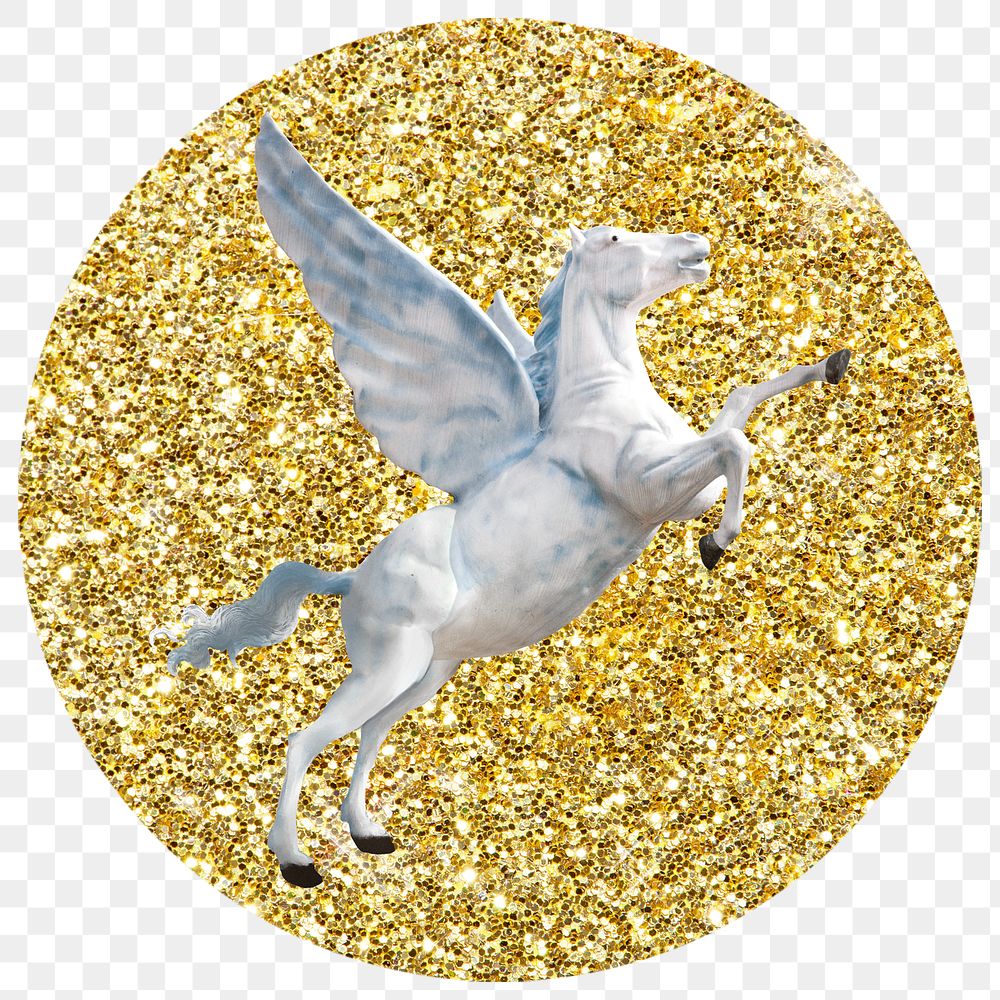 Pegasus png badge sticker, gold glitter circle shape, transparent background
