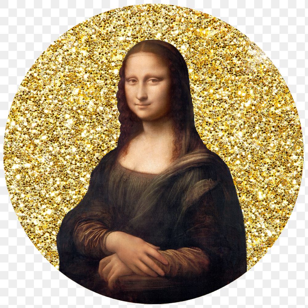 Mona Lisa png badge sticker, Vinci's famous painting, gold glitter circle shape, transparent background remixed by rawpixel