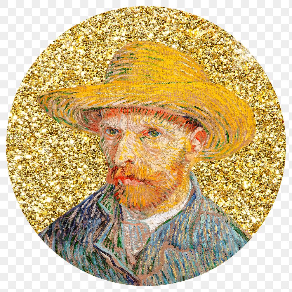 Png Van Gogh's Self-Portrait badge sticker, gold glitter circle shape, transparent background remixed by rawpixel