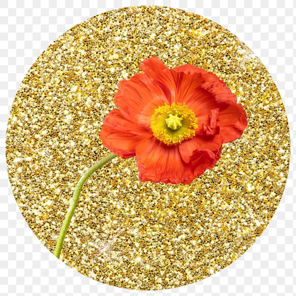Poppy flower png badge sticker, gold glitter circle shape, transparent background