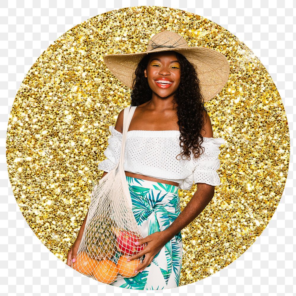 Png happy African woman badge sticker, gold glitter round shape transparent background