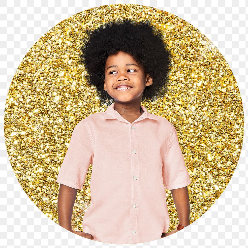 African kid png badge sticker, gold glitter round shape, transparent background
