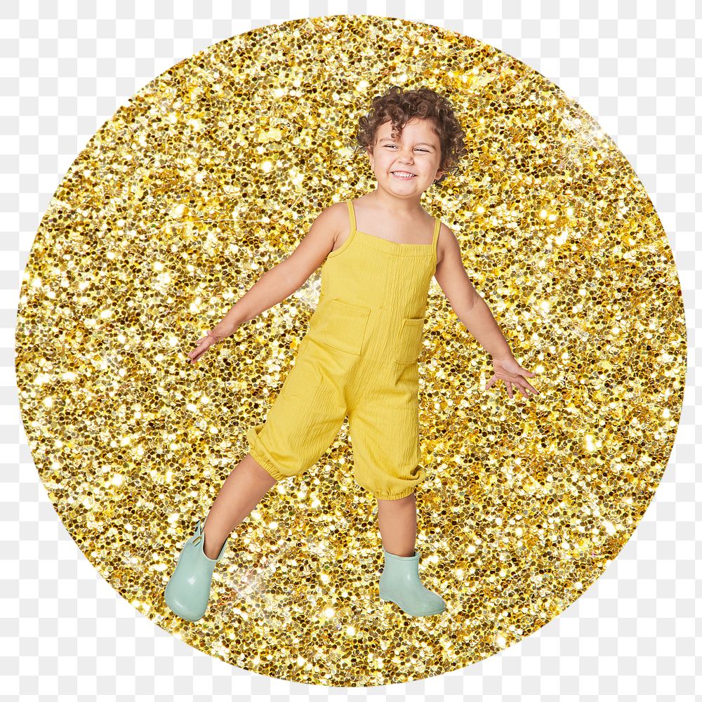 Little kid png badge sticker, gold glitter round shape, transparent background