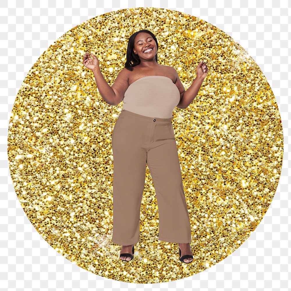 Png joyful African woman badge sticker, gold glitter round shape transparent background