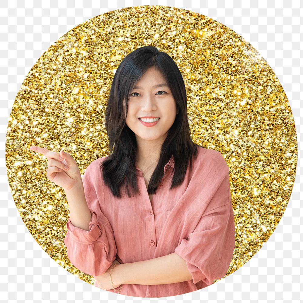 Asian woman png badge sticker, gold glitter circle shape, transparent background