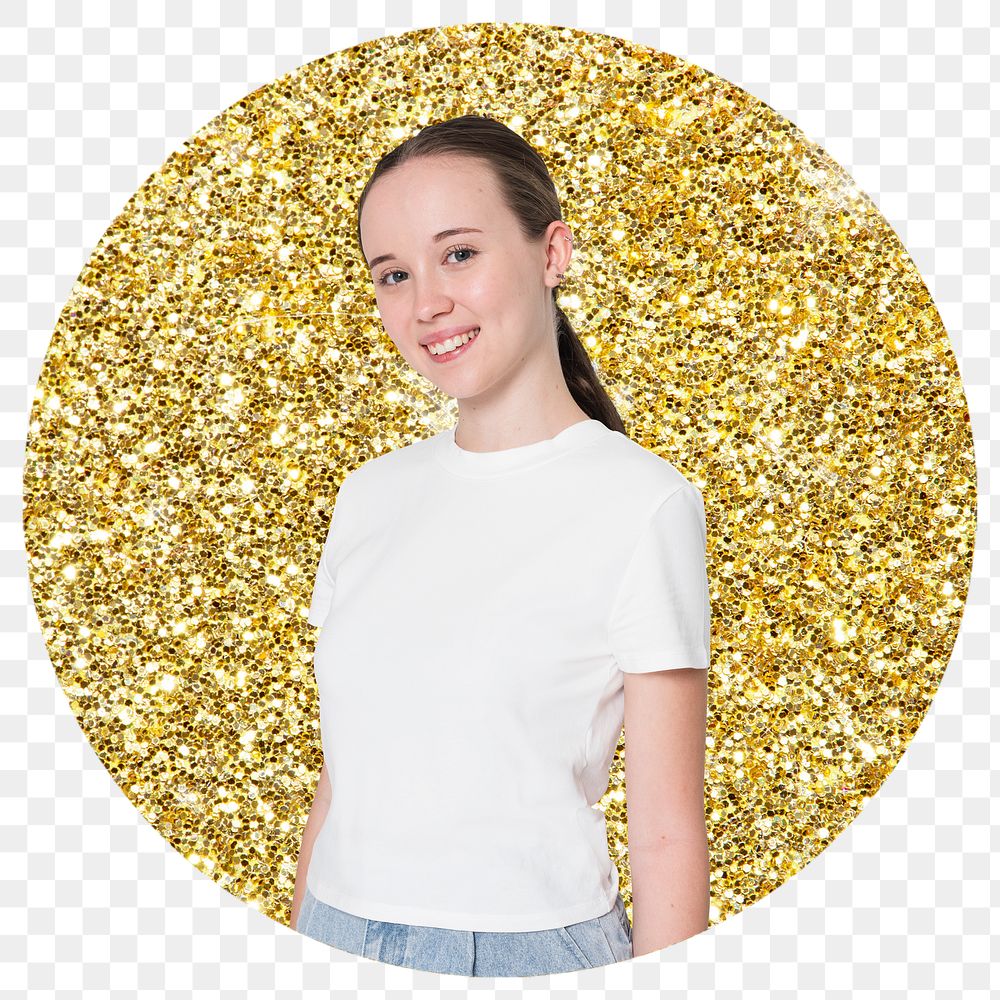 Teenage woman png badge sticker, gold glitter round shape transparent background
