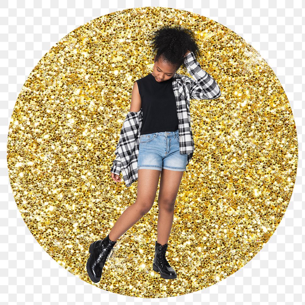 African teenager png badge sticker, gold glitter round shape transparent background