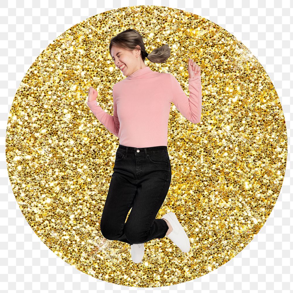 Jumping girl png badge sticker, gold glitter round shape transparent background