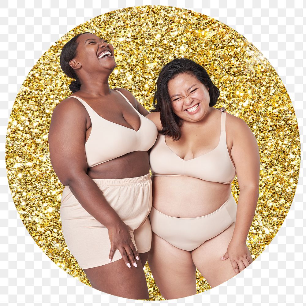 Png plus size models in lingerie apparel badge sticker, gold glitter round shape transparent background
