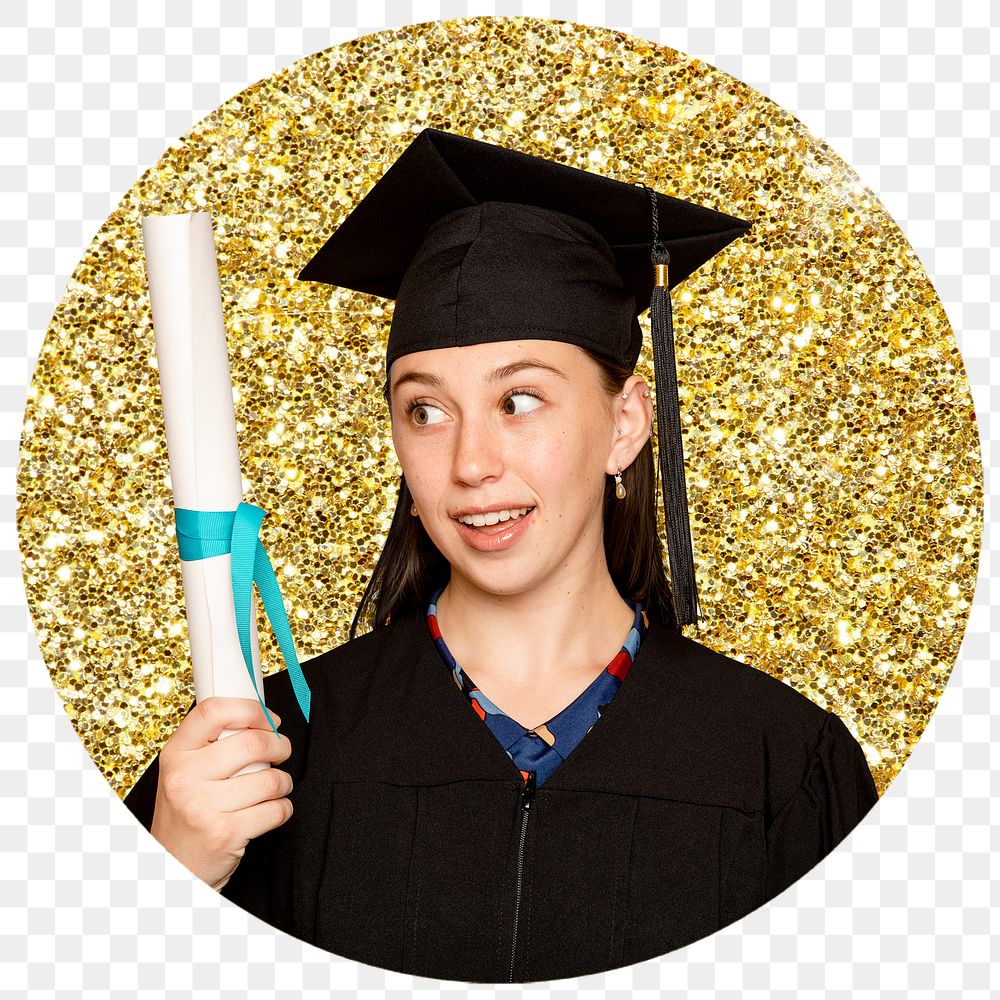 Graduate woman png badge sticker, gold glitter round shape transparent background