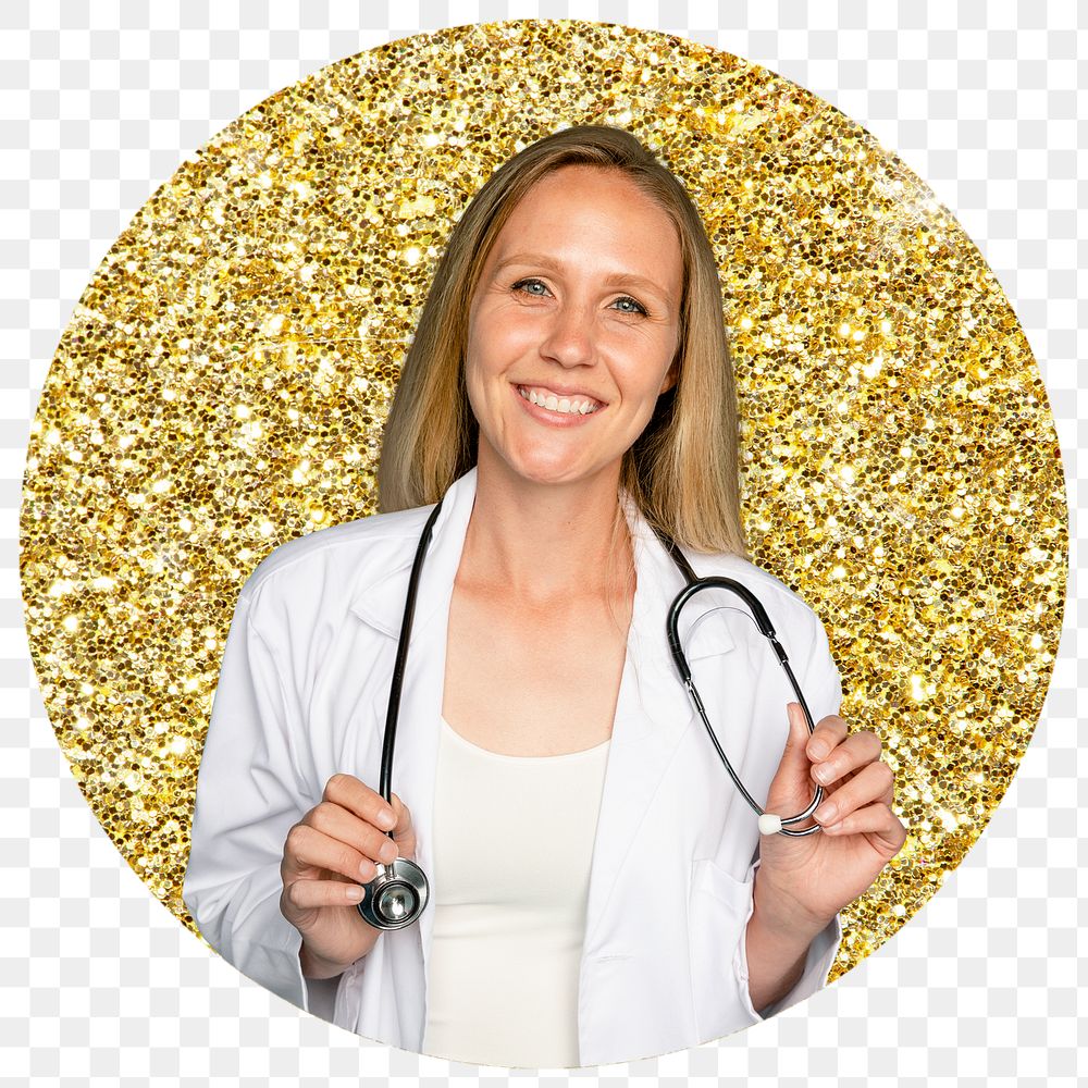 Female doctor png badge sticker, gold glitter round shape, transparent background