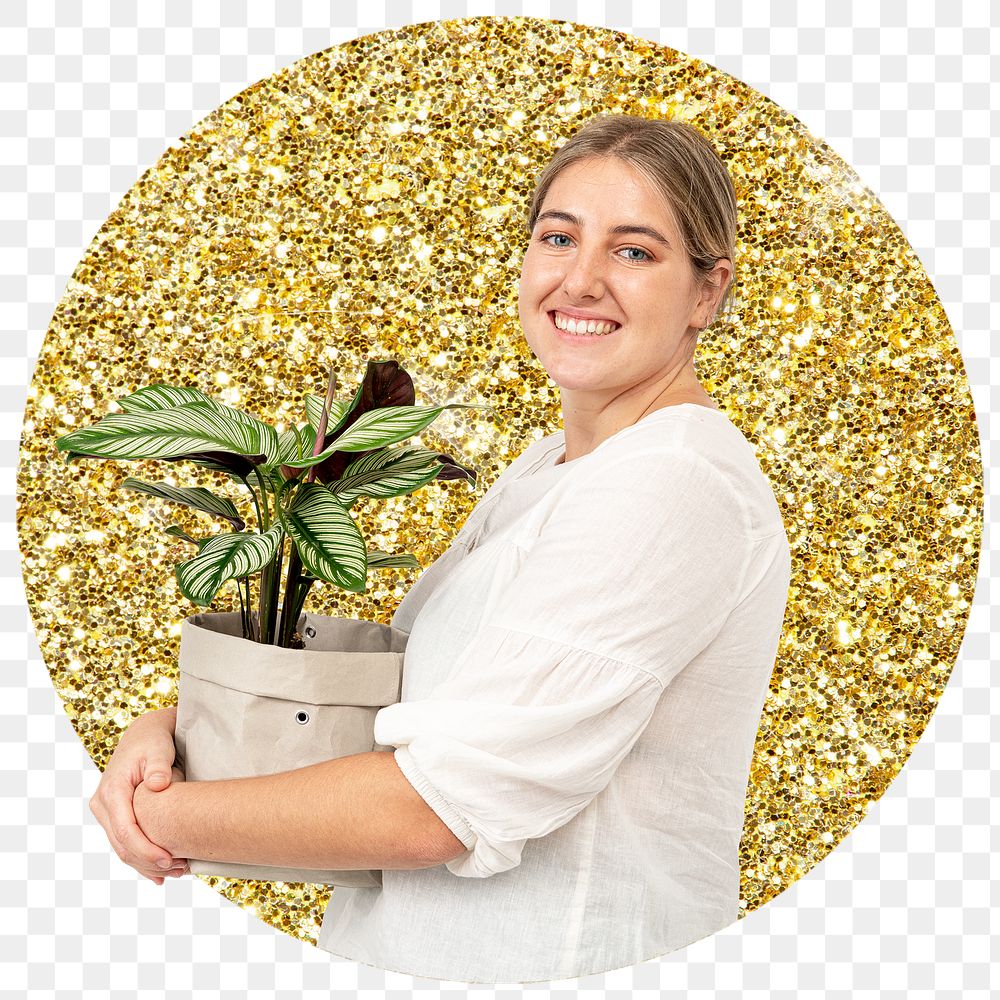 Png woman holding plant badge sticker, gold glitter round shape transparent background