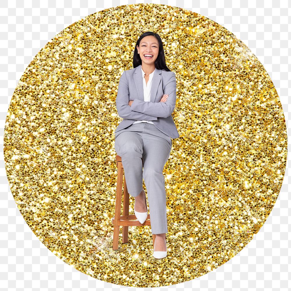 Businesswoman sitting png badge sticker, gold glitter round shape, transparent background