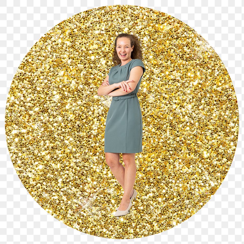 Businesswoman standing png badge sticker, gold glitter round shape, transparent background