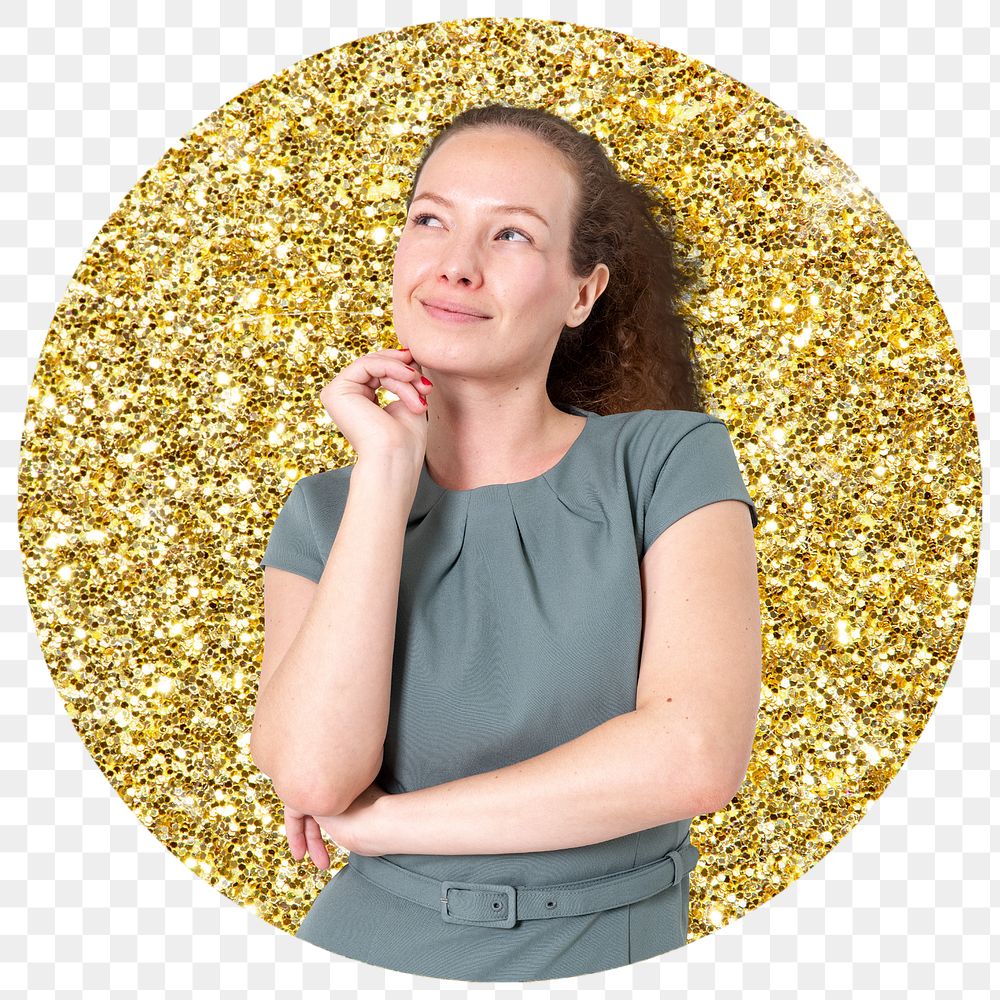 Businesswoman thinking png badge sticker, gold glitter round shape, transparent background
