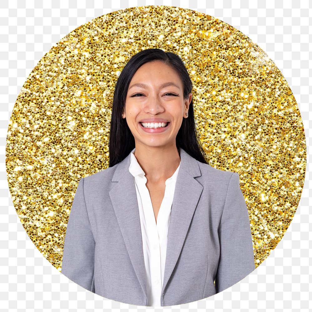 Smiling businesswoman png badge sticker, gold glitter round shape, transparent background