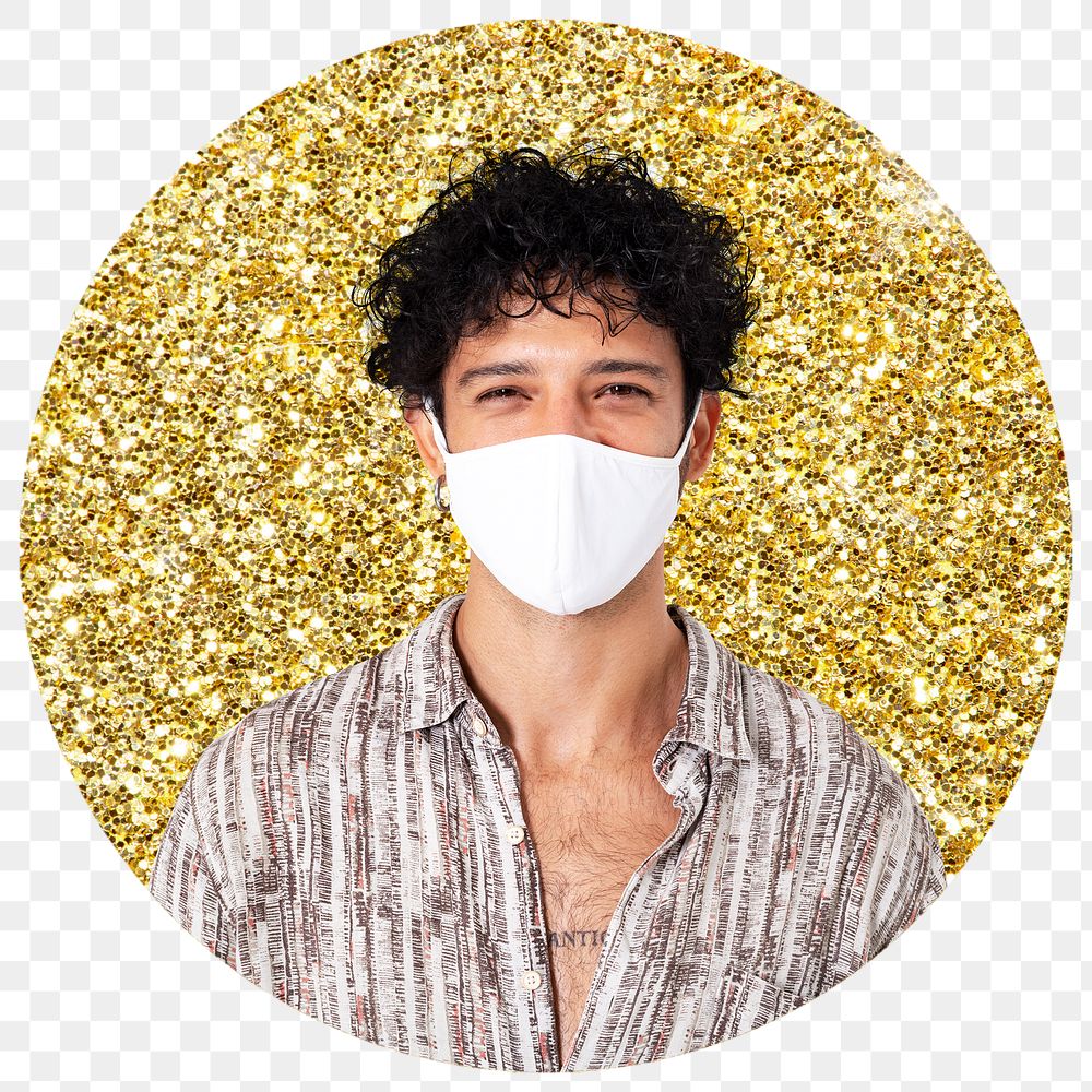 Png man wearing mask badge sticker, gold glitter round shape, transparent background