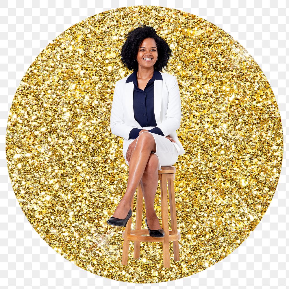 Confident businesswoman png badge sticker, gold glitter round shape, transparent background