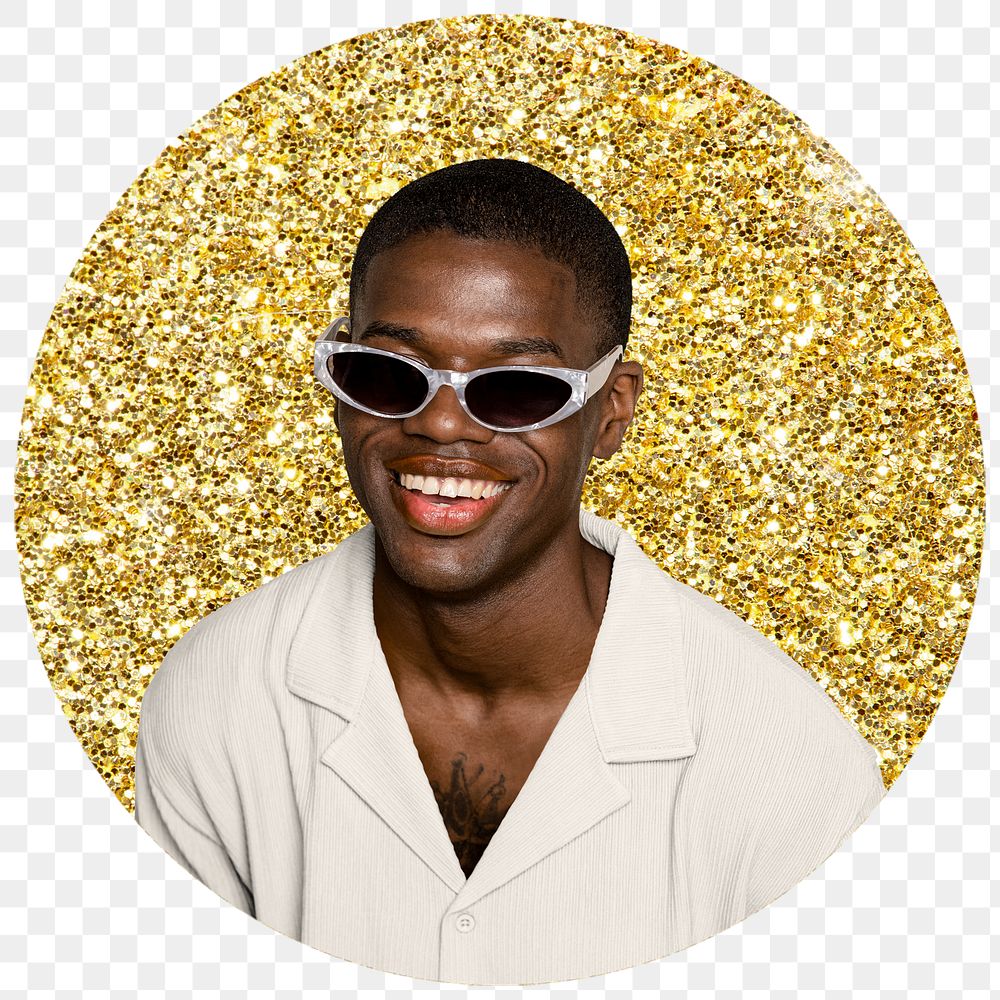 Png African man with shades badge sticker, gold glitter round shape transparent background