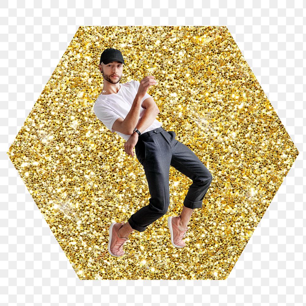 Male dancer png badge sticker, gold glitter hexagon shape, transparent background