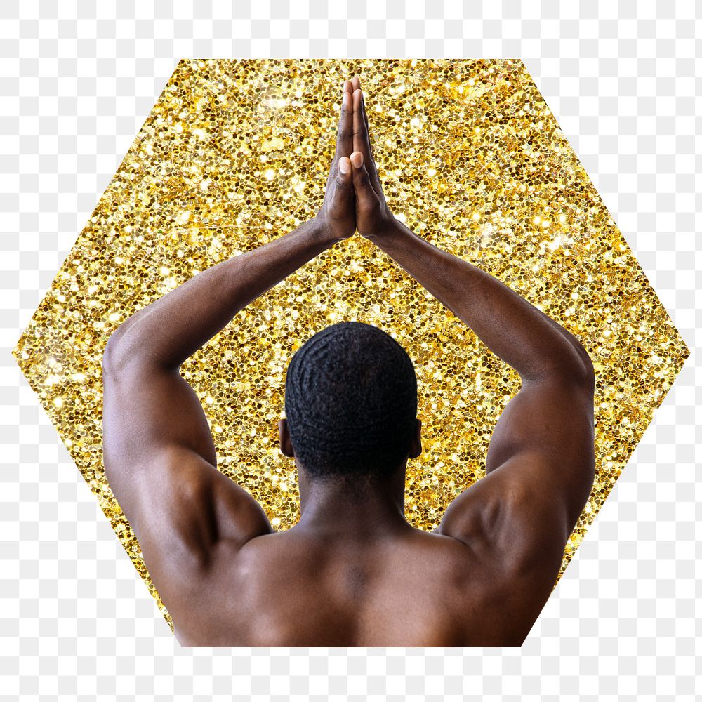 Muscular back png badge sticker, gold glitter hexagon shape, transparent background
