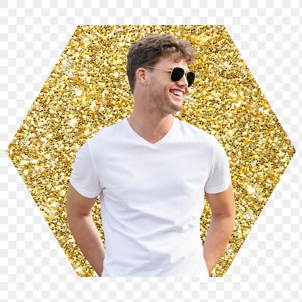 Happy man png badge sticker, gold glitter hexagon shape, transparent background