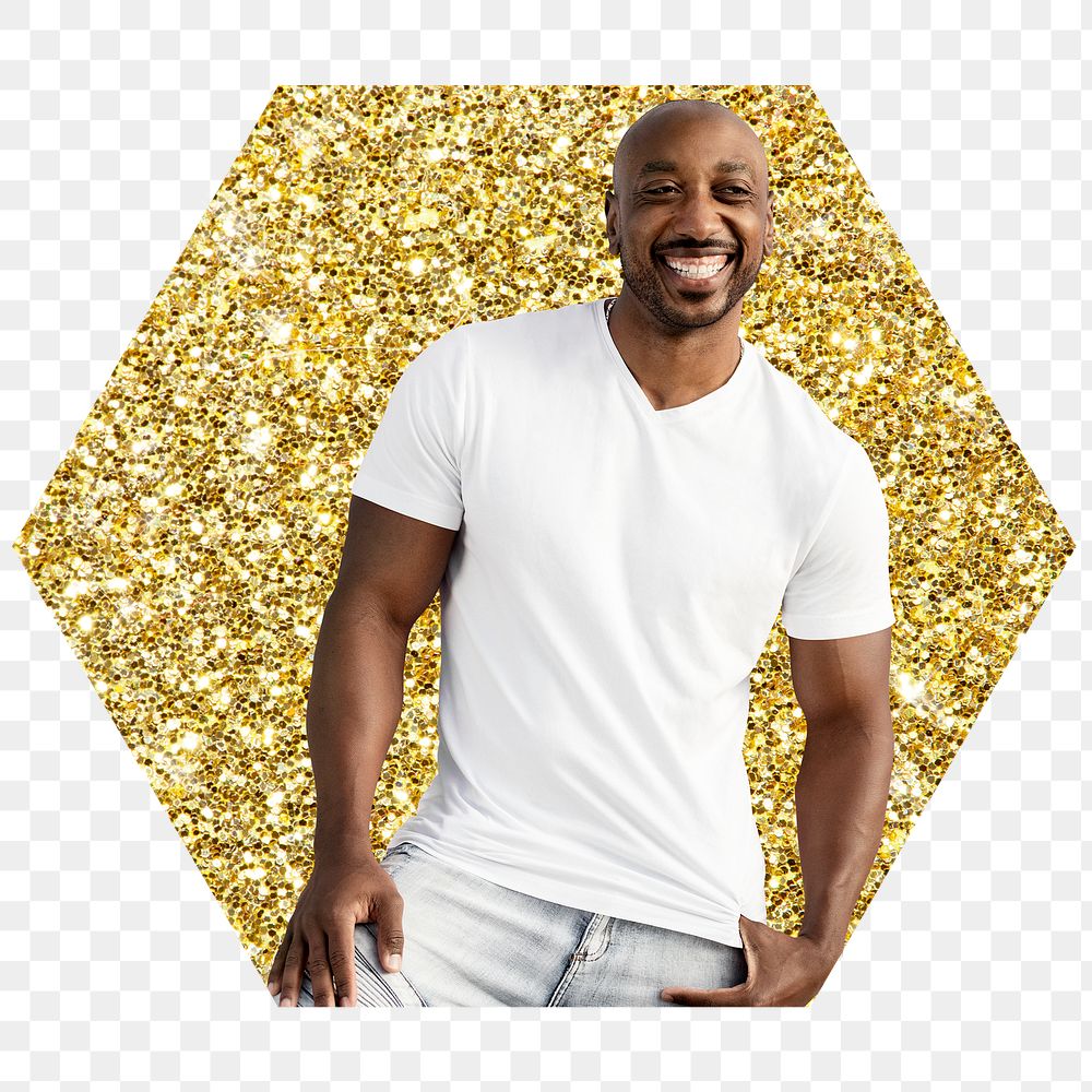 African man png badge sticker, gold glitter hexagon shape, transparent background