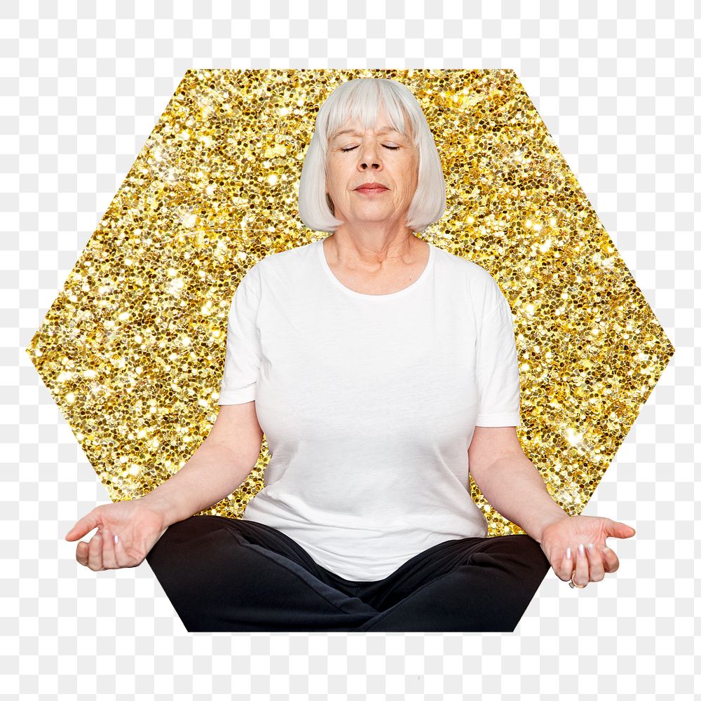 Png senior woman meditating badge sticker, gold glitter hexagon shape, transparent background