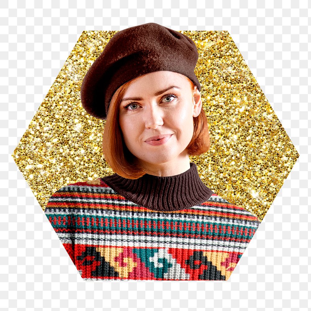 Png beret woman badge sticker, gold glitter hexagon shape, transparent background