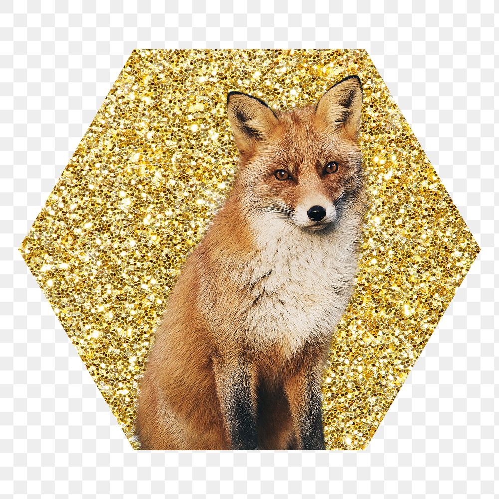 Fox png badge sticker, gold glitter hexagon shape, transparent background