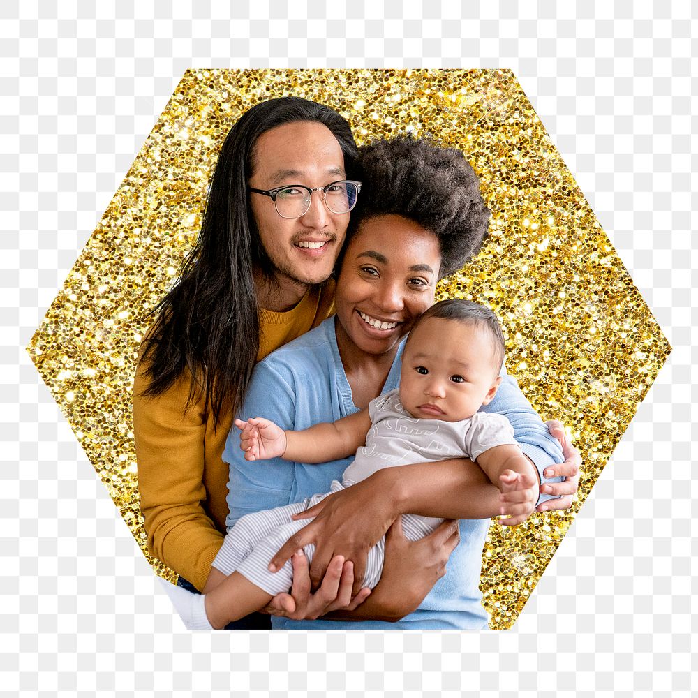Cute family png badge sticker, gold glitter hexagon shape, transparent background