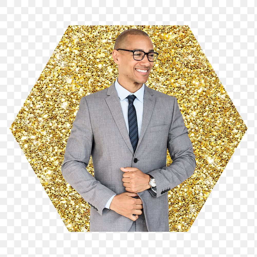 Businessman png badge sticker, gold glitter hexagon shape, transparent background