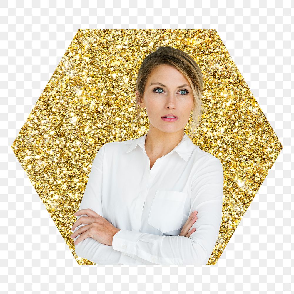 Businesswoman png badge sticker, gold glitter hexagon shape, transparent background