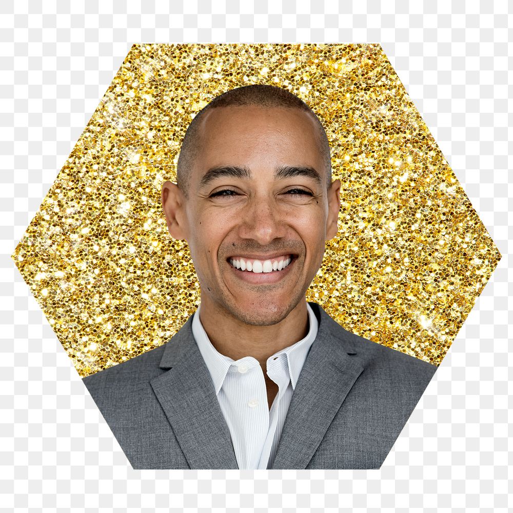 Businessman png badge sticker, gold glitter hexagon shape, transparent background