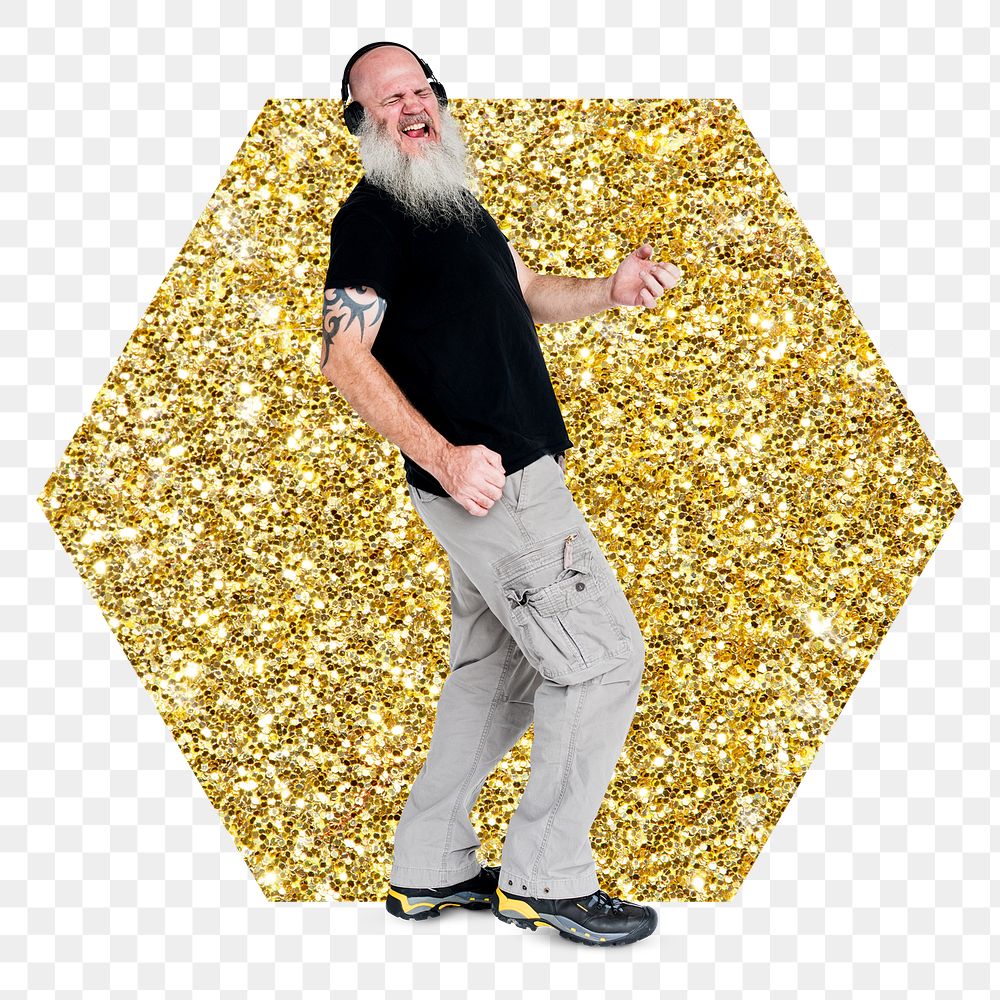 Png bearded man enjoying music badge sticker, gold glitter hexagon shape, transparent background