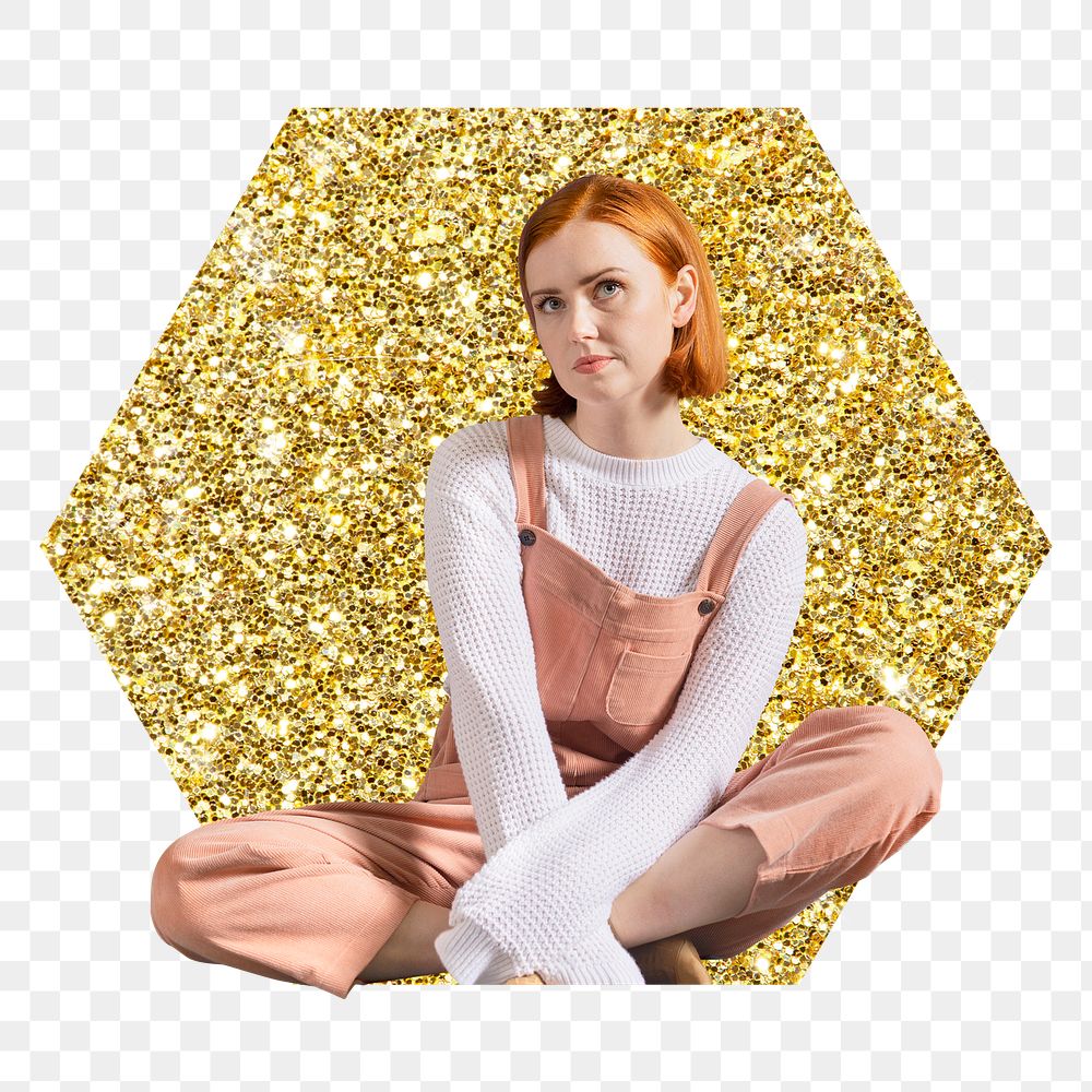 Teenage girl png badge sticker, gold glitter hexagon shape, transparent background