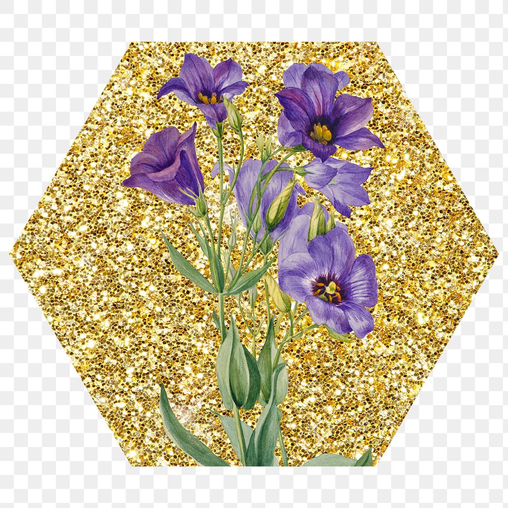 Png Texas bluebell flower badge sticker, gold glitter hexagon shape, transparent background