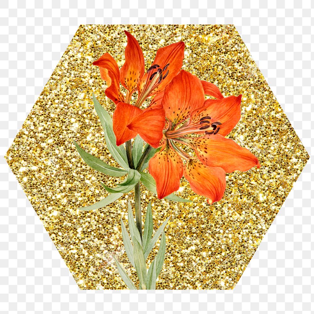 Red lily png badge sticker, gold glitter hexagon shape, transparent background