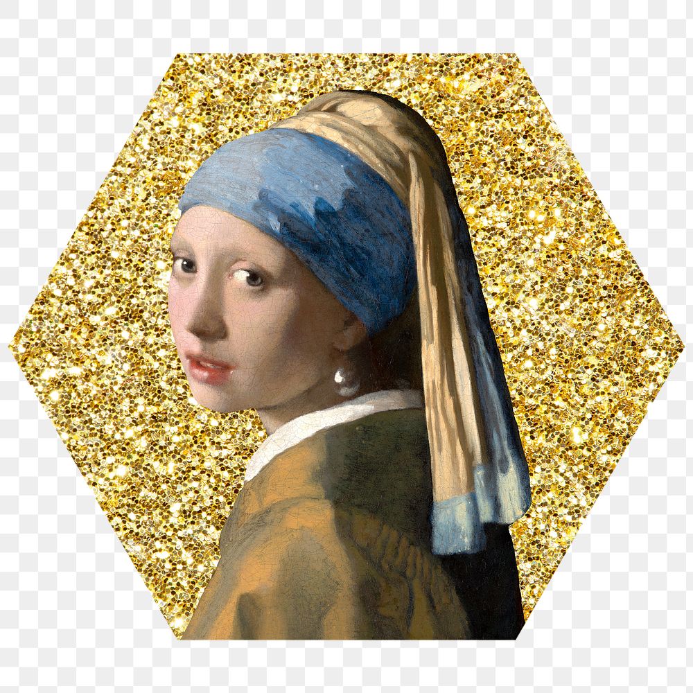 Png Girl with a Pearl Earring badge sticker, Johannes Vermeer's famous artwork, gold glitter hexagon shape, transparent…