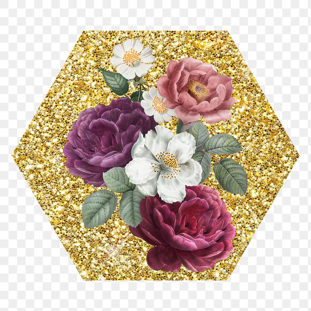 Roses png badge sticker, gold glitter hexagon shape, transparent background