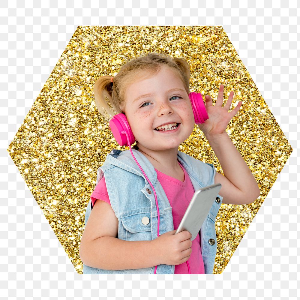Png girl enjoying music badge sticker, gold glitter hexagon shape, transparent background