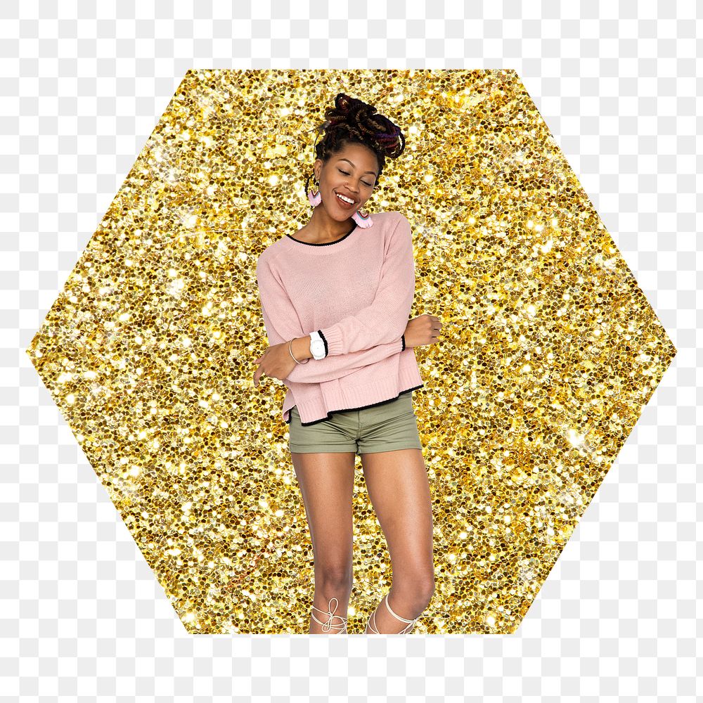 African woman png badge sticker, gold glitter hexagon shape, transparent background