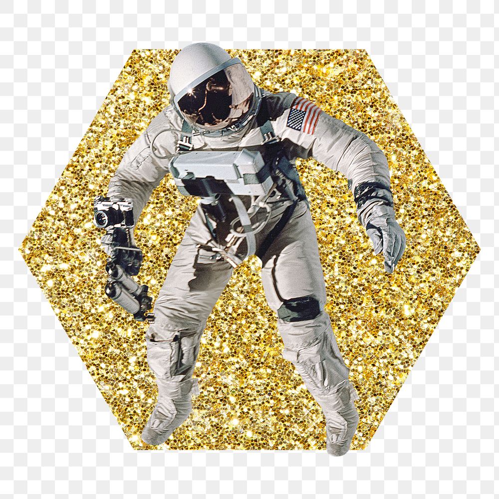 Astronaut png badge sticker, gold glitter hexagon shape, transparent background