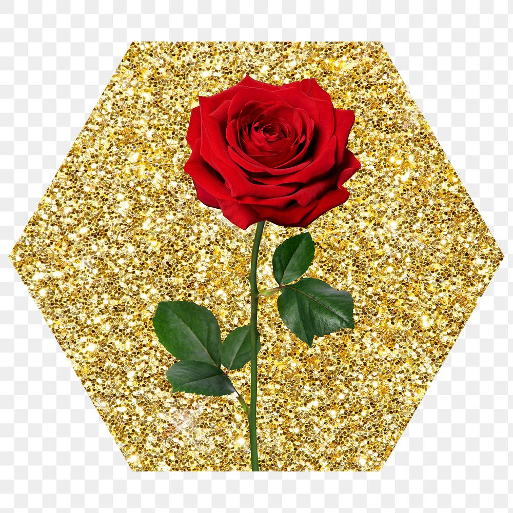 Red rose png badge sticker, gold glitter hexagon shape, transparent background