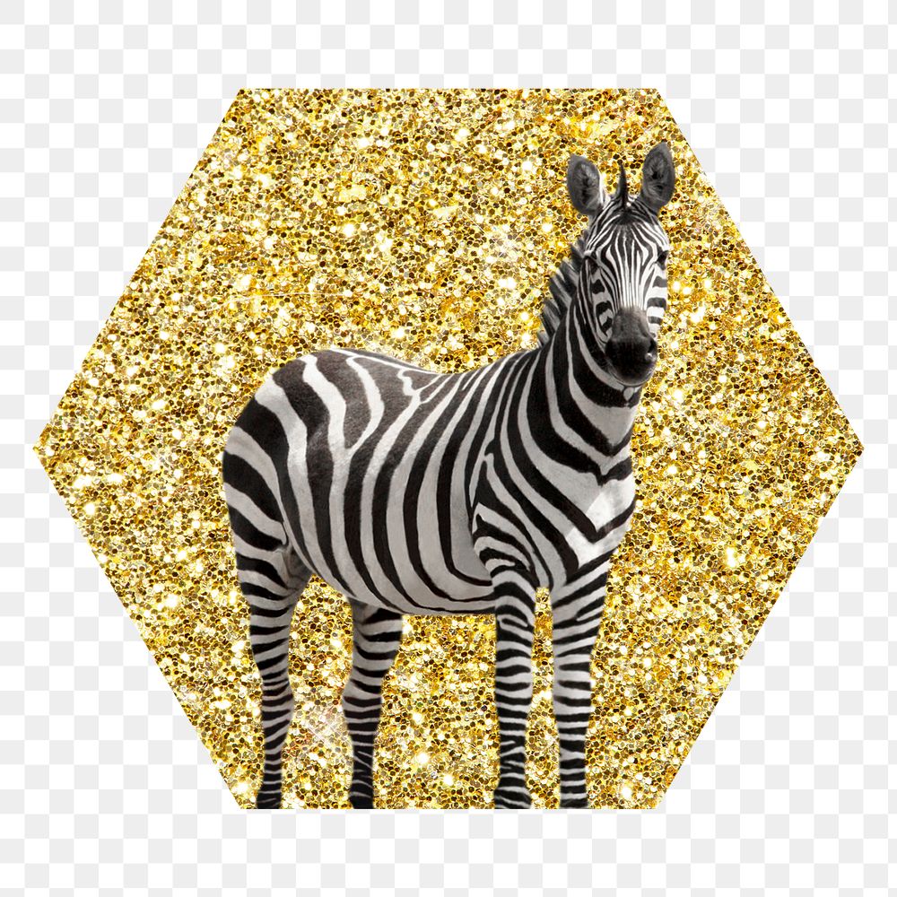 Zebra png badge sticker, gold glitter hexagon shape, transparent background