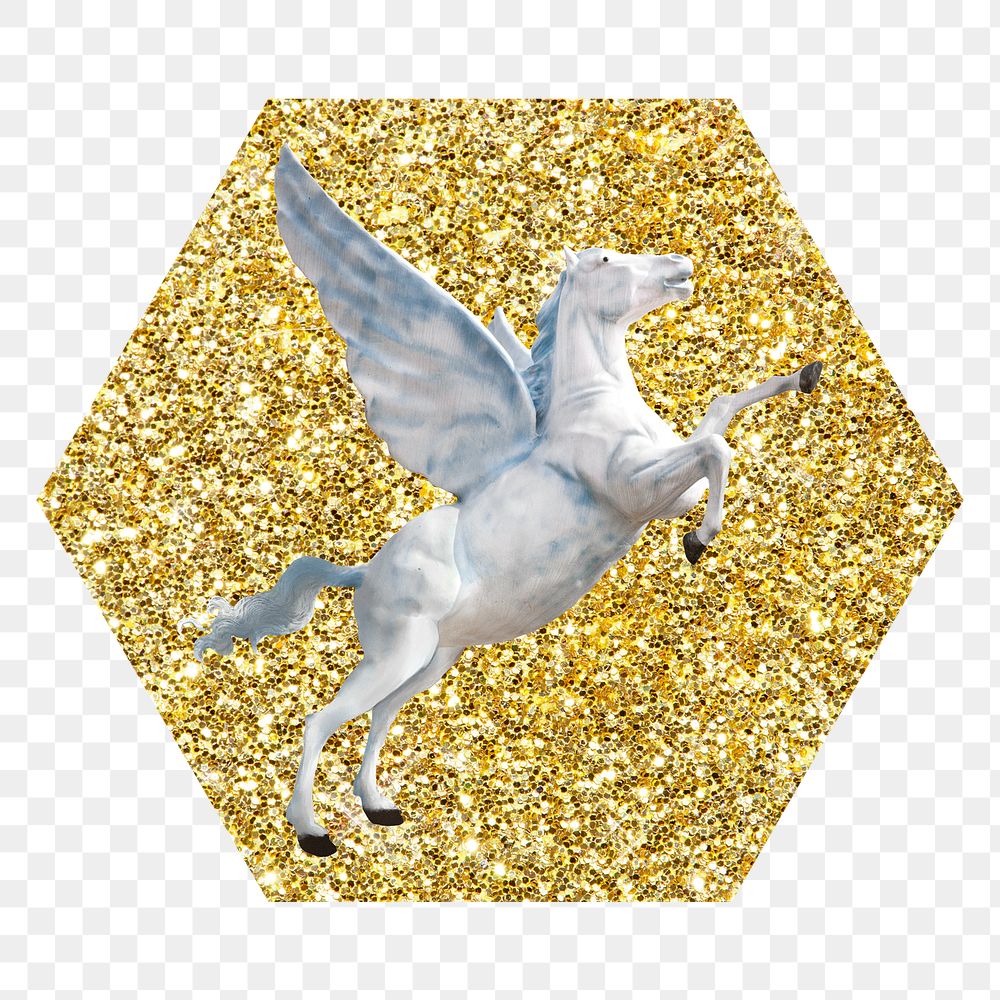 Pegasus png badge sticker, gold glitter hexagon shape, transparent background